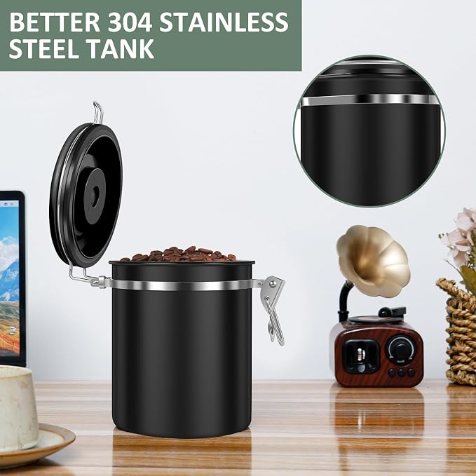 2PCS Coffee Bean Storage Container Set , 1.5L 51oz Airtight Stainless Steel Coffee Canister with Scoop & Date Tracker, Coffee Grounds Container for Coffee Bar, Tea, Sugar, for Coffee Lovers, Black