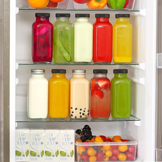 CUCUMI 10pcs 16oz Glass Juice Bottles with Lids, Reusable Juice Containers Drinking Jars Water Cups with Brush, Glass Straws, Lids with Hole | 10pcs
