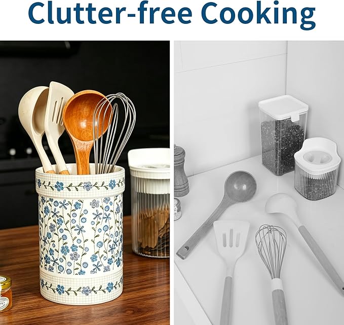 Ceramic Utensil Holder for Counter,Utensil Crock with Blue Floral Pattern for Countertop,Kitchen Organizer for Spoons,Whisks,Spatulas,Farmhouse Kitchen Decorative Accessories