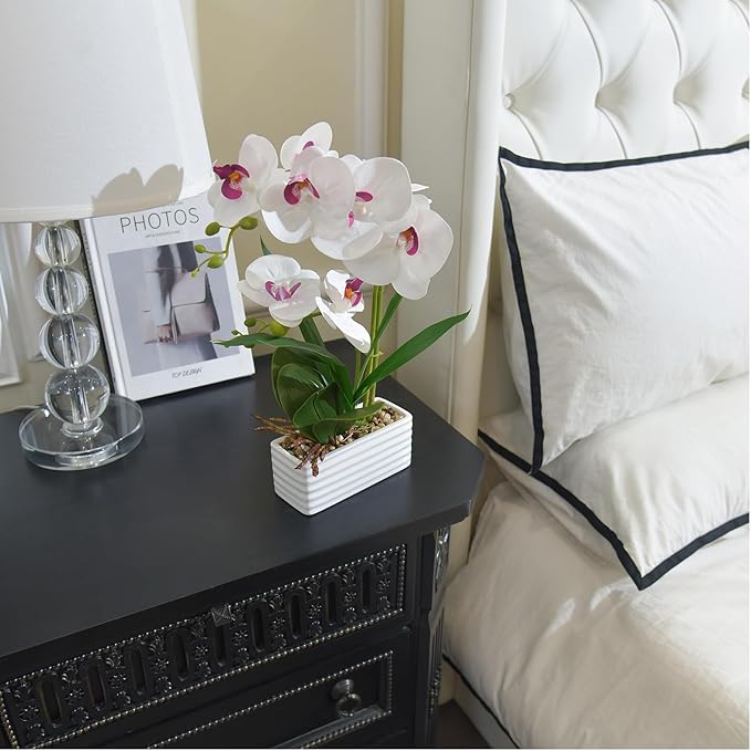 Artificial Real Touch Orchid Flowers in Pot Fake Phalaenopsis Flower with White Ceramic Vase Faux Orchids Arrangement for Home Table Office Wedding Party Decoration (White)