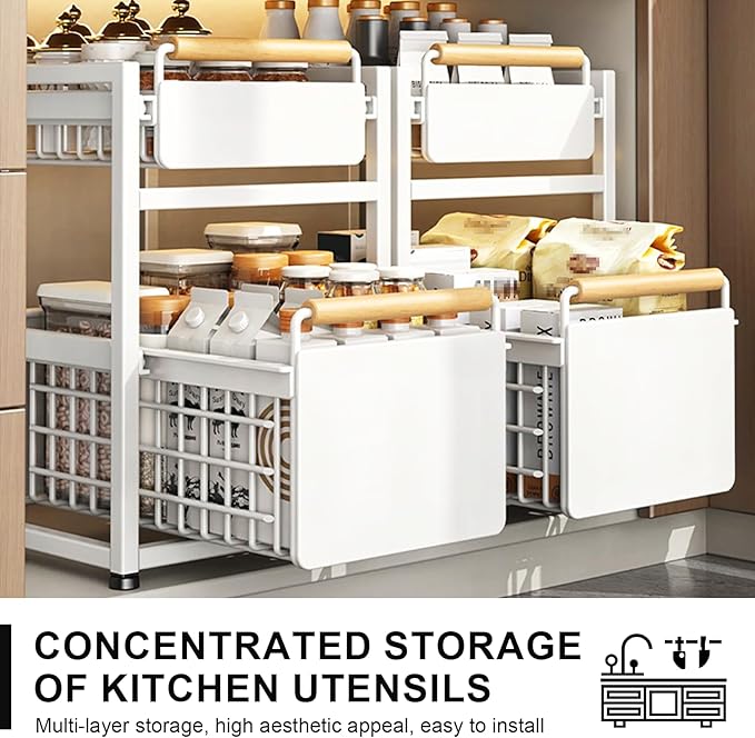 2 Tier Pull-out Storage Organizer, Slide Out Kitchen Cabinet Storage Sliding Shelves, Under Sink Organizers Drawer, Mesh Cabinet Basket with Handle for Bathroom, Home(White,Double Layer S)