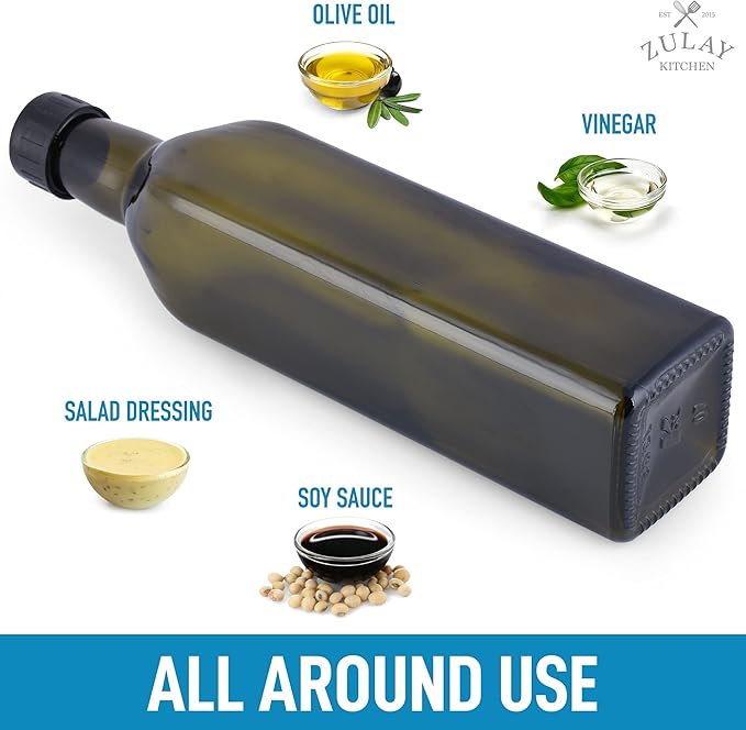 Zulay Kitchen (2 pack 17oz Olive Oil Dispenser Bottle For Kitchen - With 2 Spouts, 2 Removable Corks, 2 Caps, & 1 Funnel - Oil Bottle For Kitchen & Storing Liquids