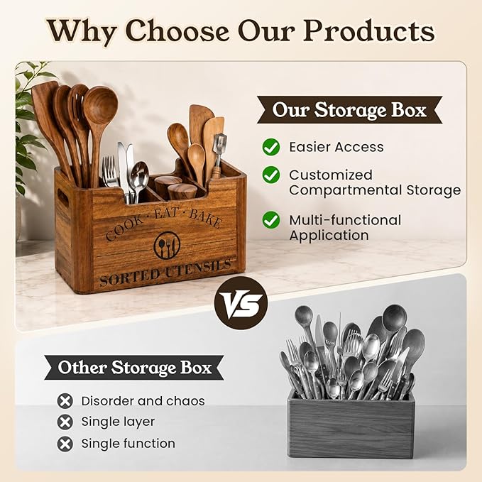 Upgraded Acacia Wood Kitchen Utensil Holder, Large Farmhouse Countertop 4-Compartment Wooden Cooking Utensil Holder for Counter, Island & Dining Room