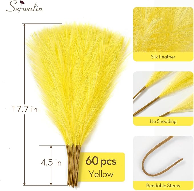 Serwalin 60 PCS Pampas Grass, 17.7" Pampas Grass Decor, Artificial Pampas Grass Bulk Vase Filler Flower Arrangement for Wall Decor Home Wedding Party Decor, Lemon Yellow