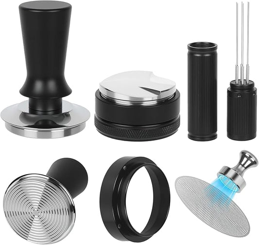 58mm Espresso Accessories Kit – Spring-Loaded Espresso Tamper, WDT Tool, Coffee Distributor, Magnetic Dosing Funnel, Puck Screen with Remover – Premium Stainless Steel & Aluminum Espresso Tools
