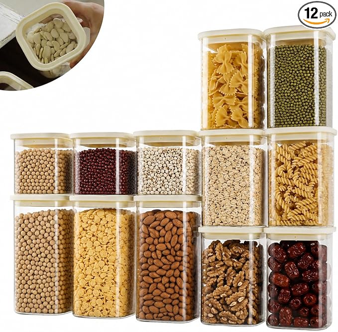 12pcs Square Glass Pantry Storage Containers Set with Glass Lids 0.76Qt/1.22Qt/1.67Qt - Airtight Stackable Kitchen Canisters Sets | 24floz / 40floz / 53floz Glass Pantry Storage Jars