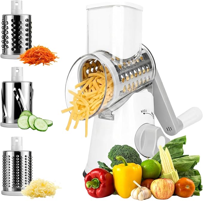 Rotary Cheese Grater Hand Crank Cheese Shredder, Kitchen Mandoline Vegetable Slicer for Fresh Cheese, Vegetable, Nuts, Non-slip Suction Base, 3 Blades