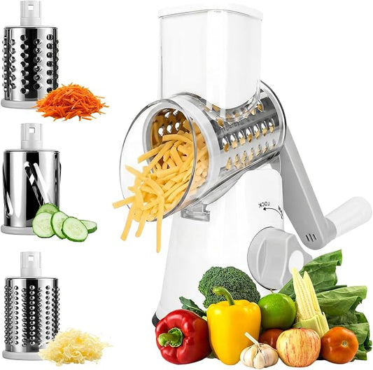 Rotary Cheese Grater Hand Crank Cheese Shredder, Kitchen Mandoline Vegetable Slicer for Fresh Cheese, Vegetable, Nuts, Non-slip Suction Base, 3 Blades