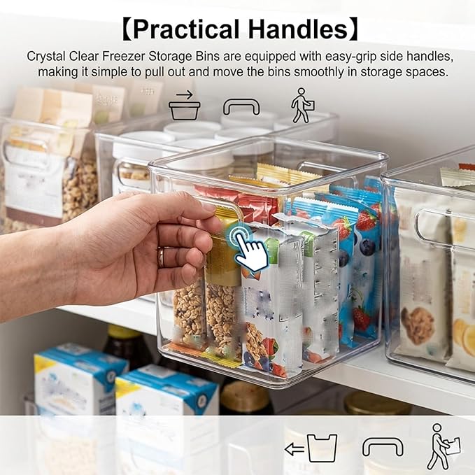 Crystal Clear Freezer Storage Bins, Stackable Freezer Organizer Bins with Handles, Sturdy and Durable, for Fridge, Pantry & Kitchen Cabinets (White,8Pcs-L)