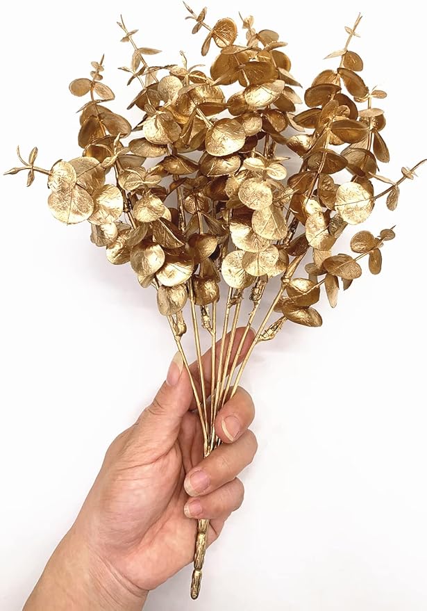 Artificial Gold Plants Decorations, Fake Plastic Golden Eucalyptus Shrubs Faux Simulation Foliage for Christmas Wedding Party Indoor Hotel Hall Home Table Centerpieces DIY Decor Planting Filler 2 Pack