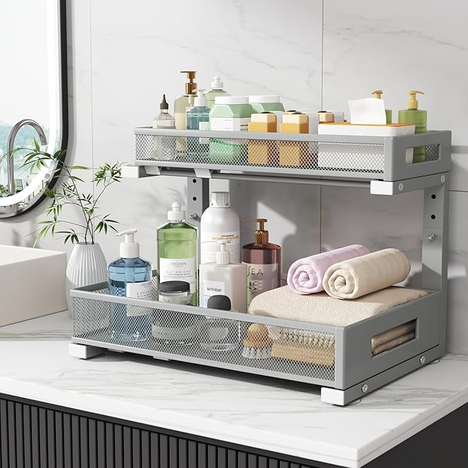 1 Pack 17IN Depth Under Sink Storage Organizer, Large 2-Tier Elegant Mesh Pull Out Shelf for Kitchen and Bathroom Cabinet Organization, L-Shaped and Adjustable Height Design-Gun Gray