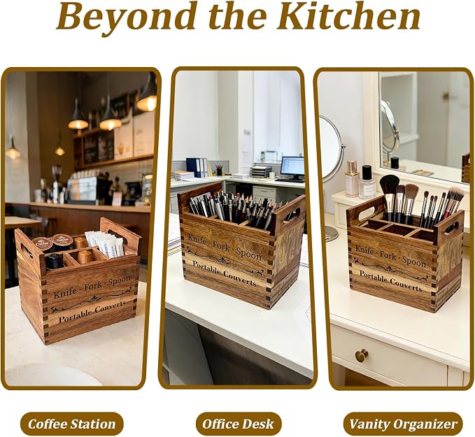 Portable Acacia Wood Kitchen Utensil Holder with Handle, Farmhouse Countertop 4-Compartment Wooden Cooking Utensil Holder for Counter, Island & Dining Room