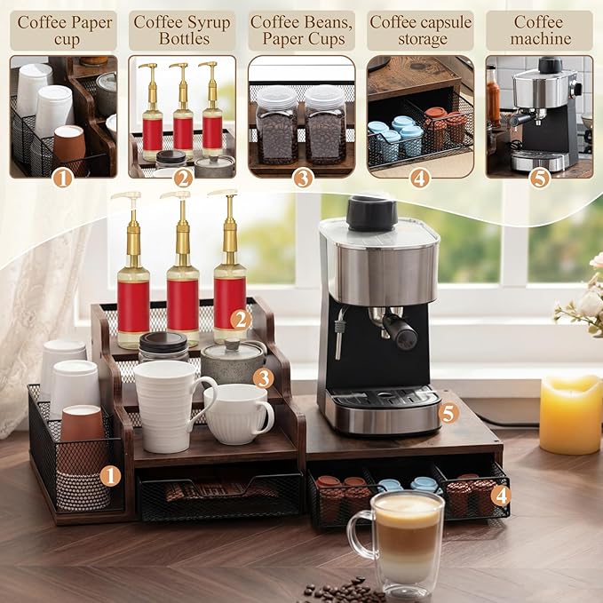 Potchen Wood Coffee Station Organizer Coffee Bar Organizer with 3 Tier Sliding Pods Storage Drawer Compatible with K Cup Storage Holder for Countertop Bar Accessories