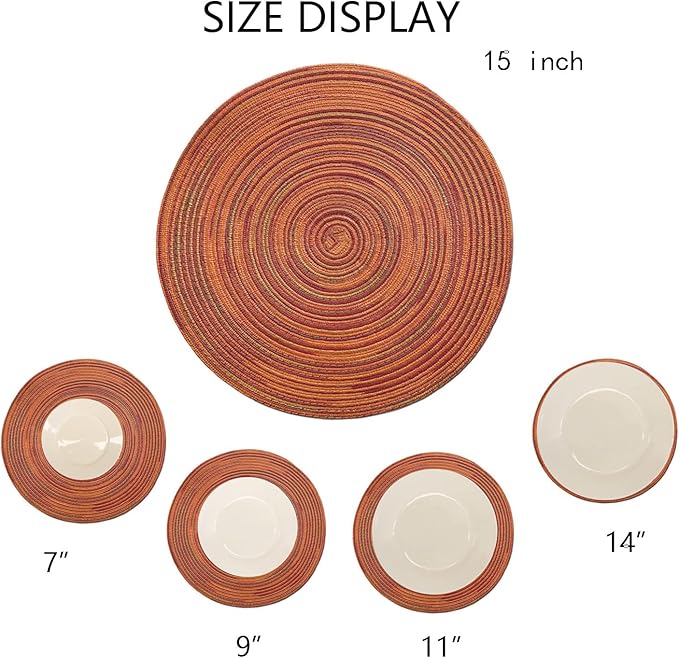 Youyi Table Placemats Set of 6, Round Place Mats 15 Inch Washable Heat Resistant Durable Woven Braided Placemats Farmhouse Boho Table Mats for Dining, Dark Orange