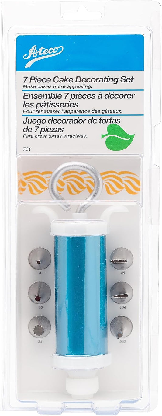 Ateco #701-7-Pc Cake Decorating Set with Syringe Type Icing Dispenser and 6 Decorating Tubes
