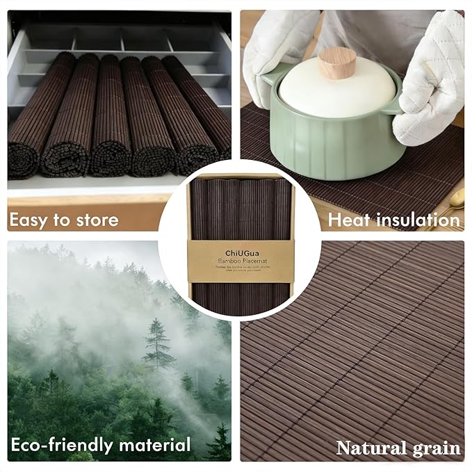 4-Pack Bamboo Placemats,Woven Heat-Resistant Rectangular Table Mats, Natural Rectangular Dining Place Mats, Rustic Japanese Style Plate Mats for Indoor Dining, Kitchen and Party Use(Chocolate