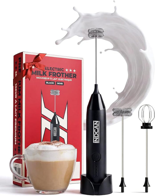 INDCAN Rechargeable Milk Frother Handheld, Electric Foam Maker with Dual Stainless Steel Whisk, Multiple Speeds, Perfect for Coffee, Lattes, Cappuccino, & Matcha (Pro, Black)
