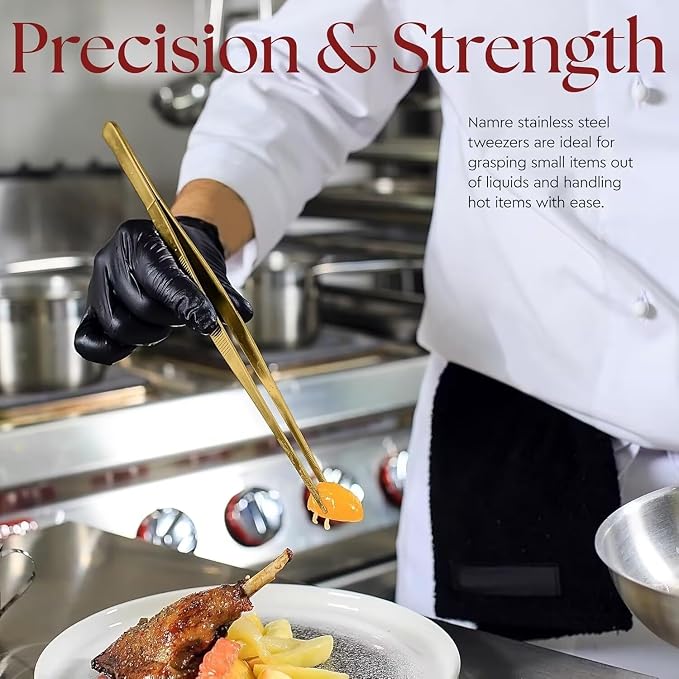 Homestia 12" Kitchen Tweezers Fine Tweezer Tongs, Extra-Long 304 Stainless Steel Cooking Tweezers, Multi-function Metal Tongs with Precision Serrated Tips for Chef, Cocktail, Serving Food, BBQ Gold