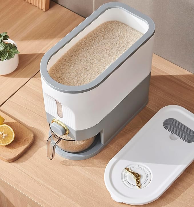 Sooyee 11Lbs Rice Dispenser, Rice Container with Lid, Measuring Cylinder, Moisture Proof Household Food Dispenser for Rice, Grains, Legumes and Corn
