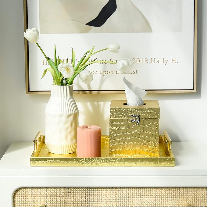 Set of 2 Modern Elegant Large Wood Serving Tray, Rectangle Decorative Tray Ottoman Tay Coffee Table Tray, Gold Crocodile Leather with Gold Polished Metal Handles
