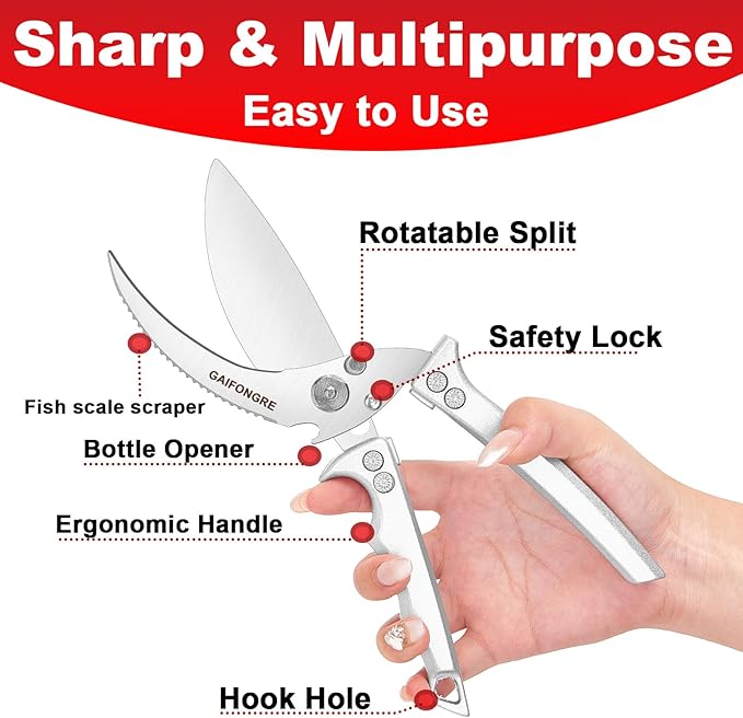 Heavy Duty Poultry Shears - Kitchen Scissors for Food, All Purpose - Chicken & Fish Shears - Easily Separable, Dishwasher Safe (Silver)