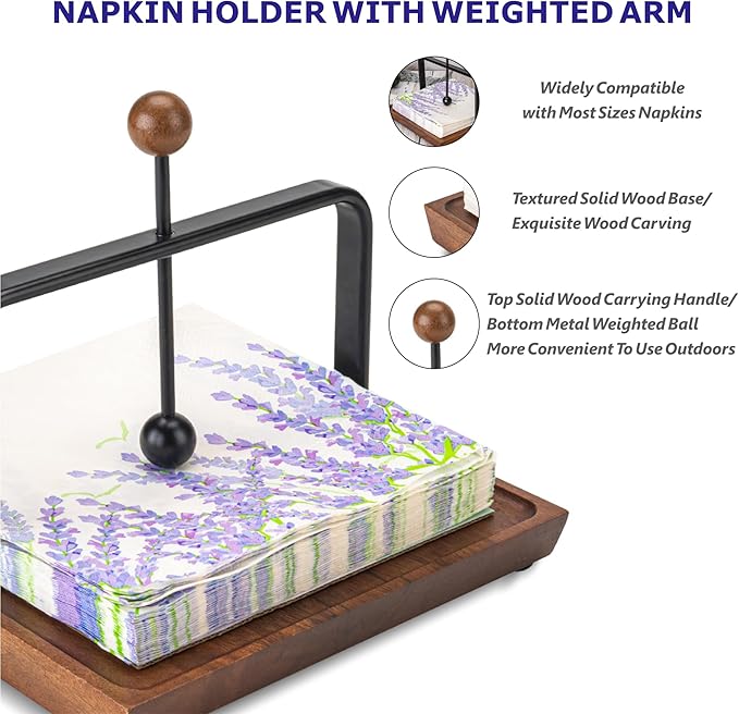 Stylish Wooden Napkin Holder with Weighted Arm – Perfect for Paper Napkins, Cocktail Napkins – Elegant Design for Kitchen, Dining Table, Café, and Bar