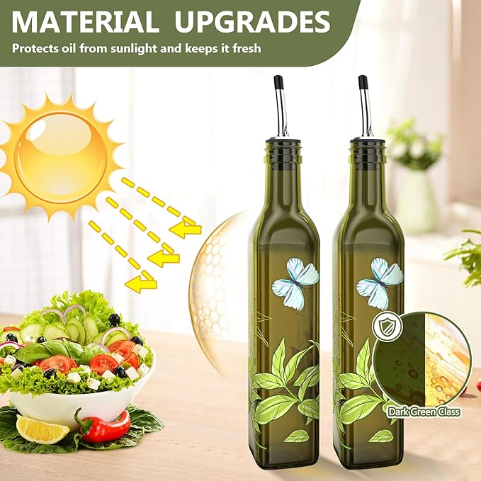 COOLMI Oil and Vinegar Dispenser Set - 17oz/500ML Premium Glass Olive Oil Dispenser Bottles for Kitchen, Oil Dispenser for Kitchen (Butterfly)