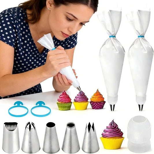 Reusable Cotton Piping Bags and Tips Set- 11pcs Frosting Piping Kit Cupcakes, Cookies Durable Cotton Exterior, Easy to Clean, Eco-Friendly Baking Kit for Home Bakers & Chefs