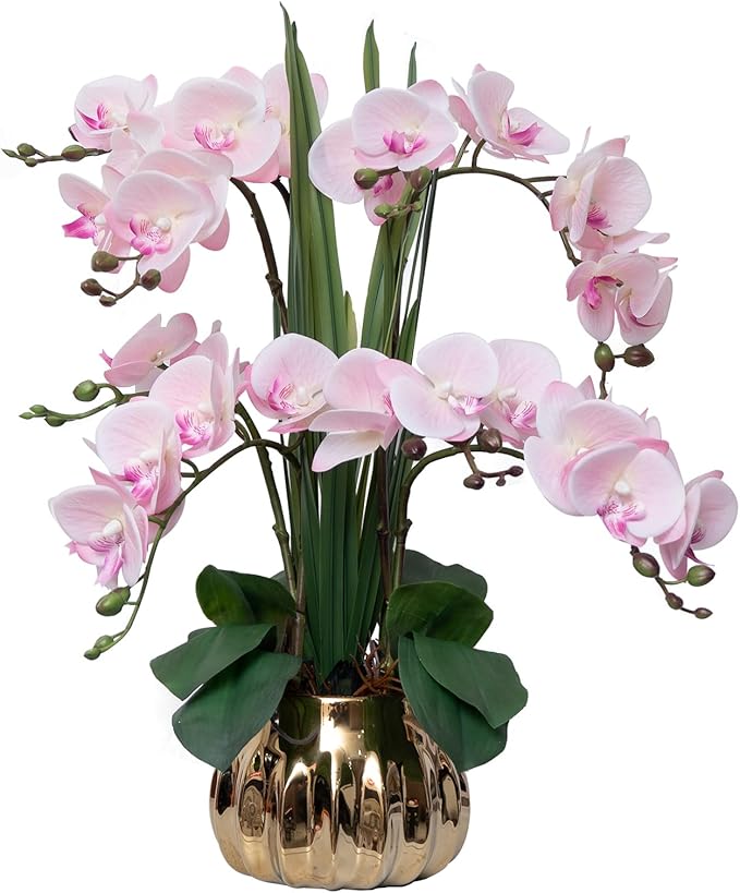 CXGS Artificial Orchid Flower Real Touch Faux Orchids in Ceramic Vase Large 22.9'' Fake Flowers Pink Phalaenopsis Floral for Home Indoor Decor