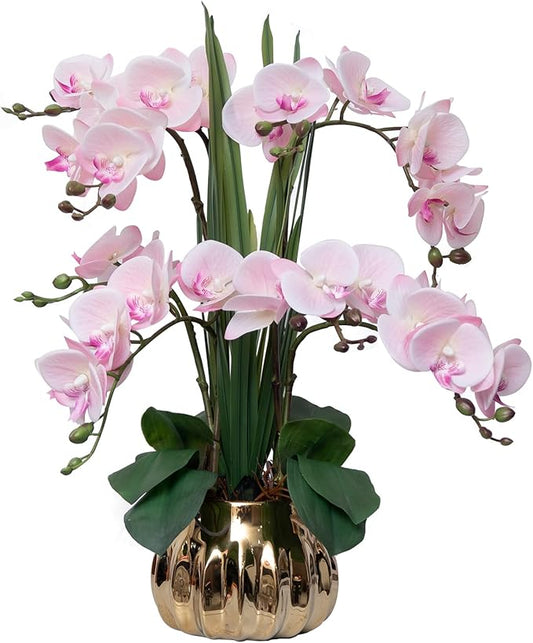 CXGS Artificial Orchid Flower Real Touch Faux Orchids in Ceramic Vase Large 22.9'' Fake Flowers Pink Phalaenopsis Floral for Home Indoor Decor