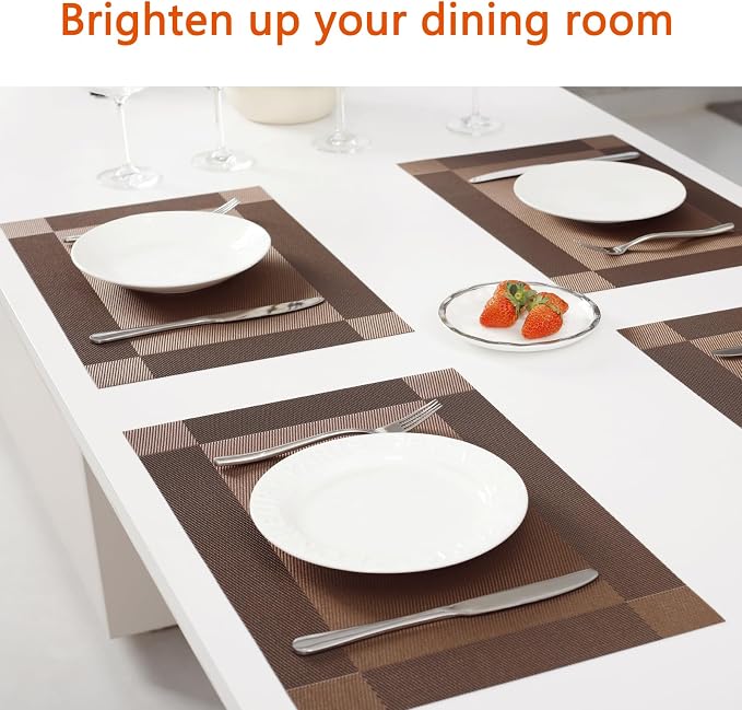 Placemats Set of 6 Washable&Wipeable Place mats for Dining Table Kitchen Indoor Outdoor Table Mats Heat Resistant Non Slip Woven Vinyl Table Placemats (Brown，6PCS)