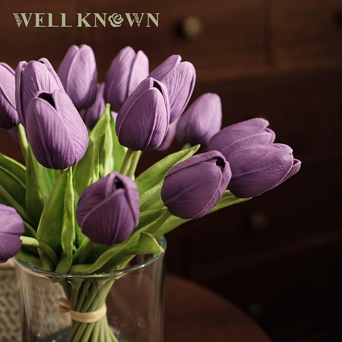 WELL KNOWN 20 Pcs Tulips Artificial Flowers in Vase, Real Touch Fake Purple Tulips Flowers with Glass Vase & Fake Water, Flower Arrangement Centerpiece for Wedding Party Dining Table Home Decor & Gift