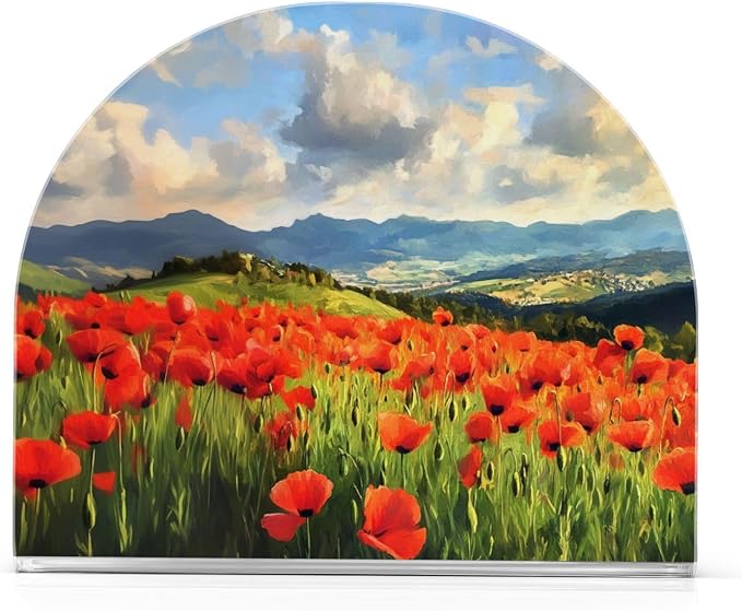 Oil Painting Poppy Flower Field Red and Green Napkin Holder for Table Acrylic Vertical Napkin Holders for Paper Napkins Decor Napkin Dispenser for Home Dining Cocktail Kitchen Accessories, 2 Pack