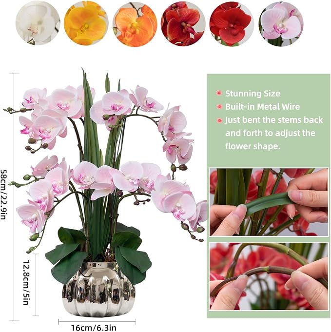 CXGS Artificial Orchid Flower Real Touch Faux Orchids in Ceramic Vase Large 22.9'' Fake Flowers Pink Phalaenopsis Floral for Home Indoor Decor