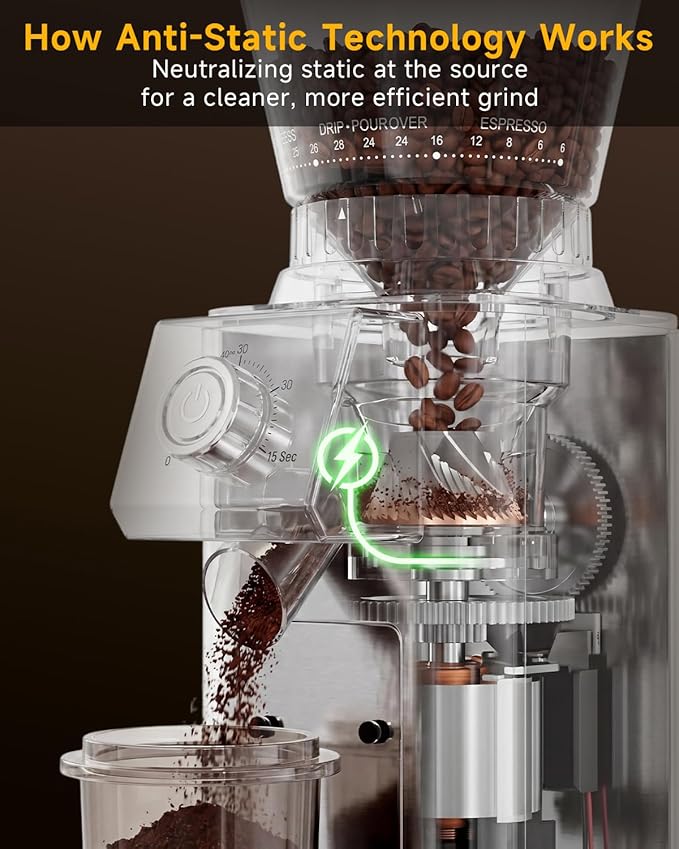 IAGREEA Conical Burr Coffee Grinder, 48 Grind Settings, 450RPM Low-Speed Anti-Static, Precision Timer, Portafilter Holder for Espresso, Drip, French Press, Cold Brew, Stainless Steel