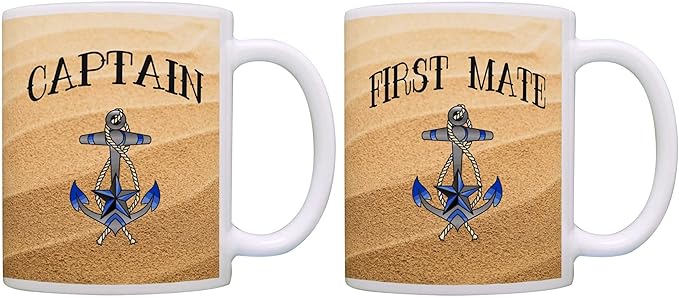 ThisWear Captain & First Mate Couples Nautical Mug Set Sailing Boat Bundle 2 Pack 11oz Ceramic Coffee Mugs Set Sand