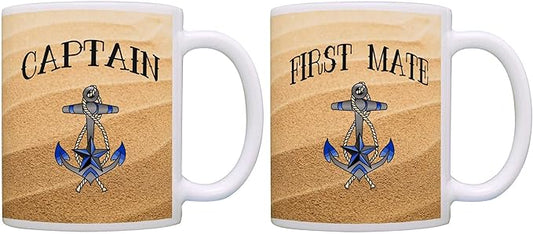 ThisWear Captain & First Mate Couples Nautical Mug Set Sailing Boat Bundle 2 Pack 11oz Ceramic Coffee Mugs Set Sand