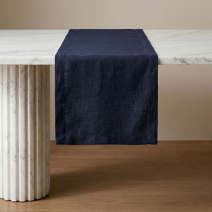 Solino Home Linen Navy Blue Table Runner 60 Inches - 100% Pure Linen Short Table Runner 14 x 60 Inch Ideal for Dresser and Coffee Tables - Spring, Summer, 4th of July - Fete