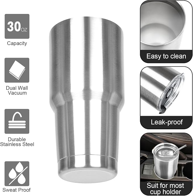 30 oz Tumbler with Lids and Straws Double Wall Insulated Tumbler Cup,Stainless Steel Leak-proof Thermal Coffee Tumbler Powder Coated Travel Mug for Cold and Hot Beverages,Silver