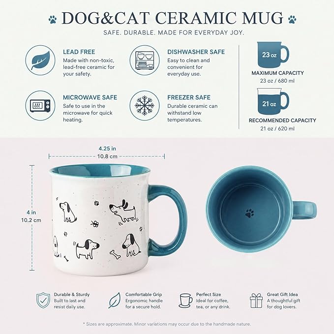 AmorArc 22 OZ Large Ceramic Coffee Mugs Set of 2, Oversized Mugs With Big Handle for Men Women Dad Mom, Big Mug With Textured Dogs Cats Patterns for Office & Home -Microwave Safe, 2 Pcs-Blue