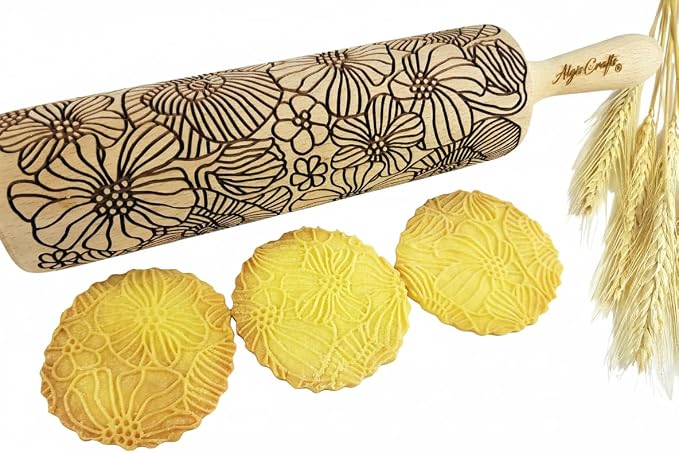 POPPY Embossing Rolling Pin with Wildflower Corn Poppies Pattern. Dough roller for embossed cookies and Pottery by Algis Crafts