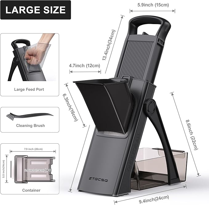 [All in 1] Upgraded Version Safe Mandoline Slicer for Kitchen, Adjustable Thickness. Veggie Slicer, Rapid Prep Mandoline, Detachable Blade, Cleaning Brush/Paring Knife (Black Knight)