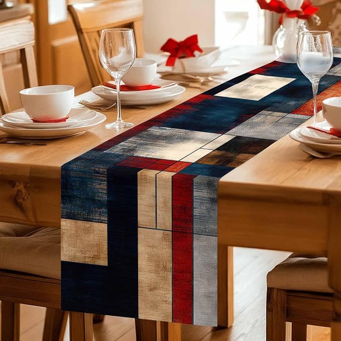 Vintage Geometric Table Runner - 120 Inch Long Modern Abstract Aesthetics Cotton and Linen Blended Dress Scarves Farmhouse Table Runner for Kitchen Dining, Coffee Table, 13" x 120"