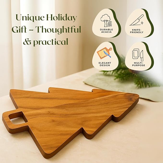 Aurah Acacia Wood Christmas Tree Cutting Board 14x11 Inch - Chopping Board with Handle, Xmas Cheese Appetizer Tray, Wooden Decorative Serving Platter for Kitchen & Holiday Party