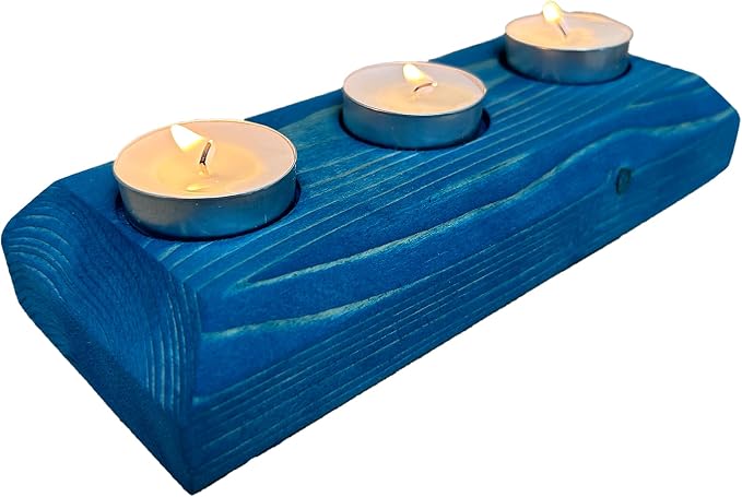 Wooden 3 Tea Light Candle Holder, 8 Inches (Blue, Enlightened)