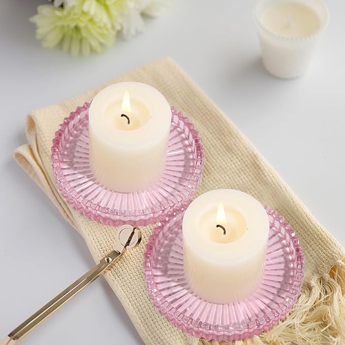 Vixdonos 3.8 Inch Glass Pillar Candle Holder Set Pack 2 Gear Round Plate Serrated Candle Stand for Table Centerpieces,Party, Wedding and Home Decor