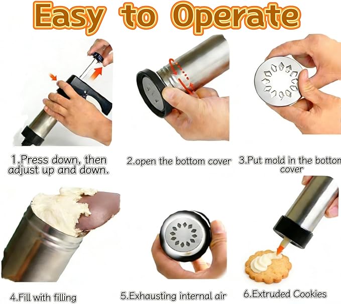 Stainless Steel Cookie Press Gun Kit with 13 Discs & 8 Piping Tips, Easy-to-Use Biscuit & Icing Gun for Baking and Cake Decorating, Perfect for DIY Christmas Cookies and Pastries.