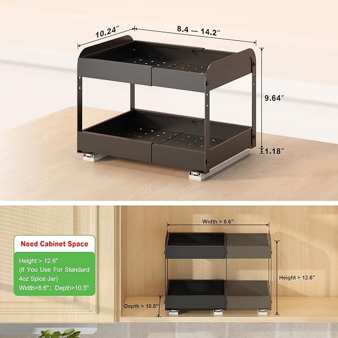 Across-Star Expandable Pull Out Drawers For Shallow Cabinets, 2-Tier Slide Out No Drill Adhesive Kitchen Cabinet Organzier, Adjustable Roll Out Sliding Shelf For Short Upper Cabinet Pantry