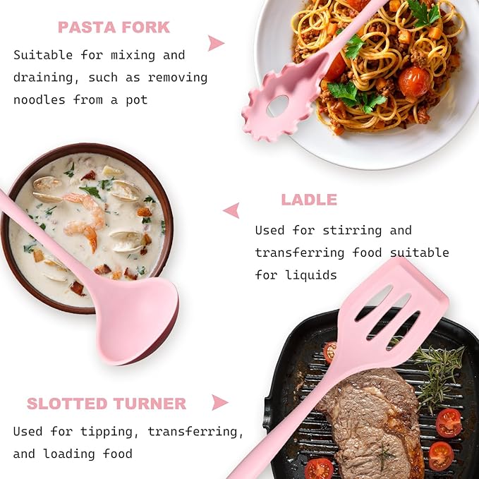 Silicone Kitchen Utensils Set - 15 Pieces Non Toxic Silicone Utensils Set For Cooking，428°F Heat Resistant Food Grade Kitchen Tools，Dishwasher Safe (Pink, 15 Piece Set)