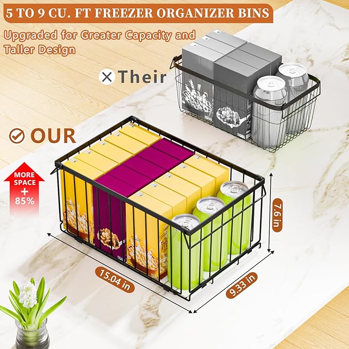 Large Freezer Organizer Bins, Upgrade One-Touch Open/Close, for 5-9 Cu.Ft Deep Freezer, 3 Pack Stackable Deep Freezer Organizer Bins, Black Wire Foldable Baskets (Black 3 Pack)